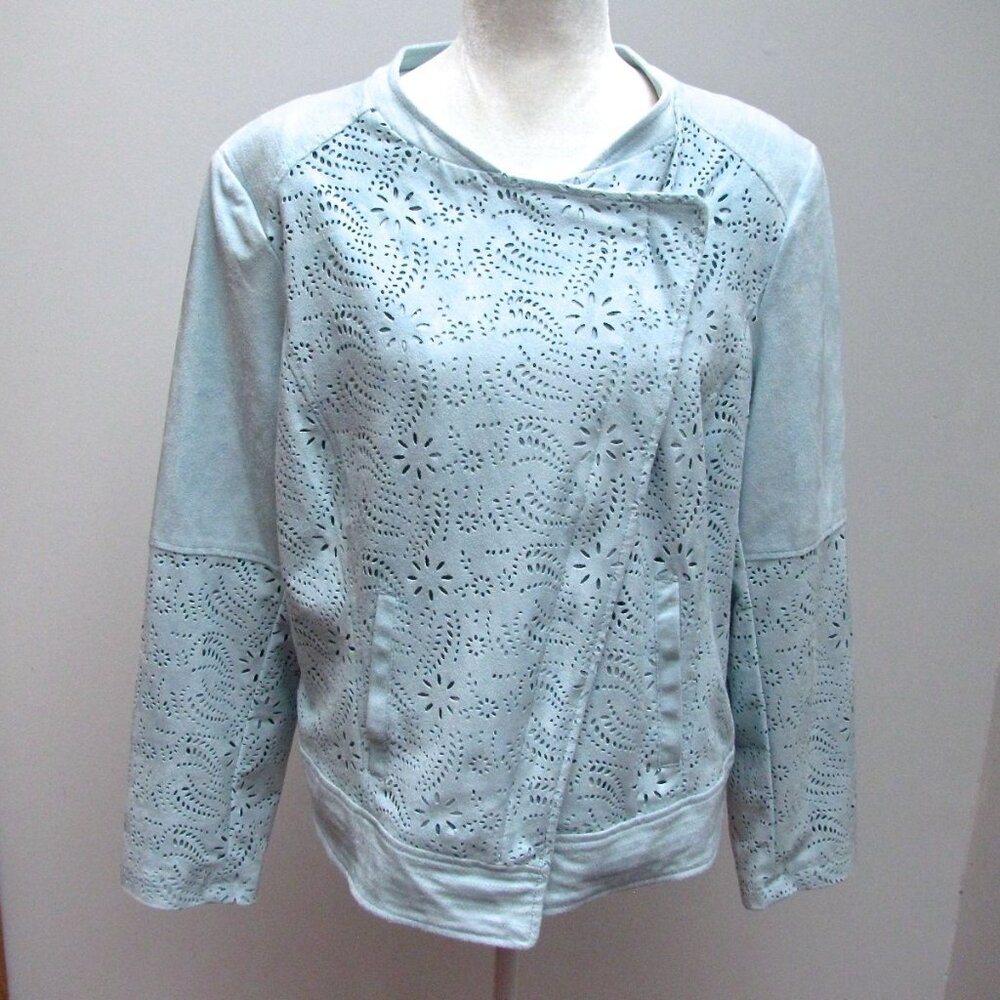 Chico’s Pale Blue Faux Suede Leather Jacket Cutout Zippered Women’s Size 2 (L/12